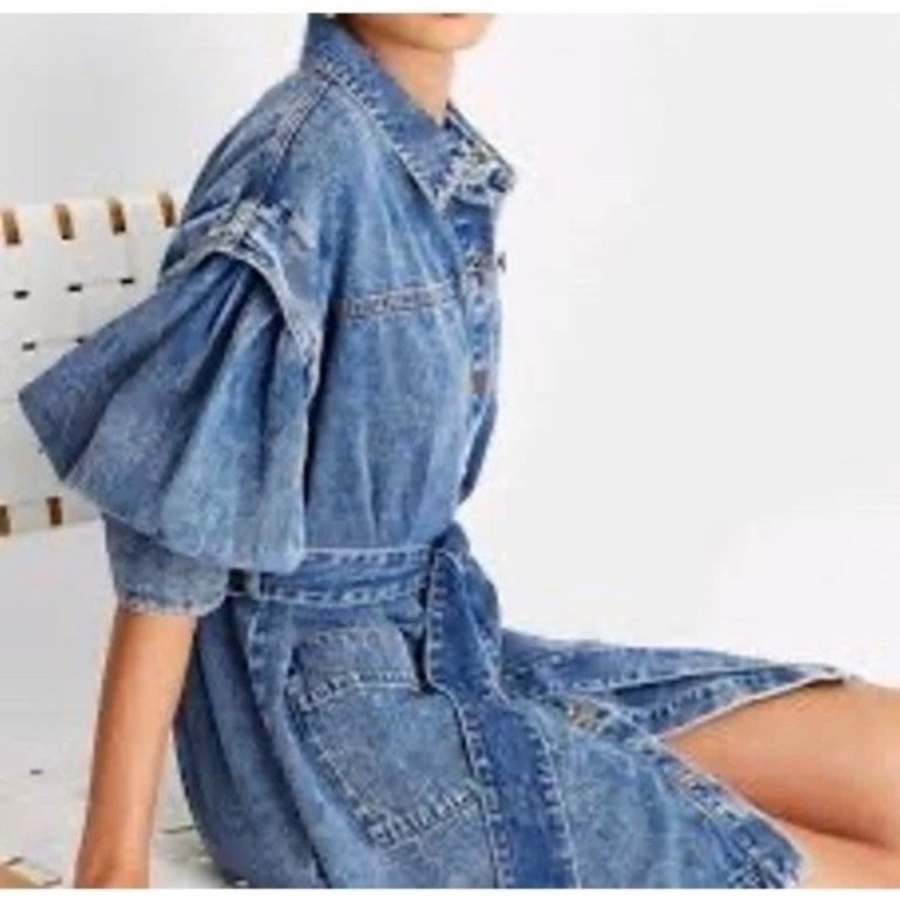 Future Collective Kahlana Barfield Brown Puff Sleeve Denim Dress Size 24/26w - Picture 2 of 4